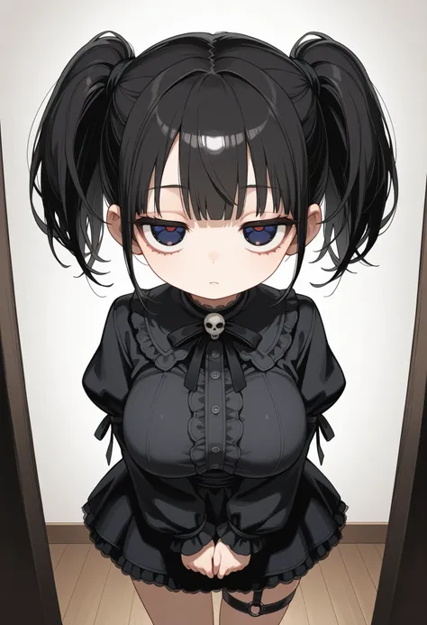 masterpiece, ultra detailed, cute girl, black hairstyle, big eyes, big head, solo, large breast, Gothic ta, ゴスロリ, short twin tails tied near the ears, half-lidded eyes, deadpan stare, garter rings
