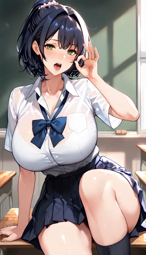 SOLO,Modern Backgrounds,A female with slim body(older girl),(Green eyes),huge oppai,shiny skin,(Wearing A loose JK skirt),(Loose school uniform)(See-through),Sitting in Classroom,Arrogant sitting position,(Dark Blue short hair,High split ponytail, hair int...