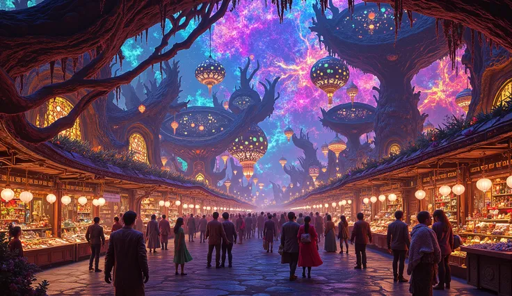 Vibrant alien bazaar under a luminous multicolored sky, lively market stalls bursting with mystical artifacts and advanced technology, crowds of strange travelers in vivid costumes, glowing lanterns swinging gently, dreamy bioluminescent flora, ultra-detai...