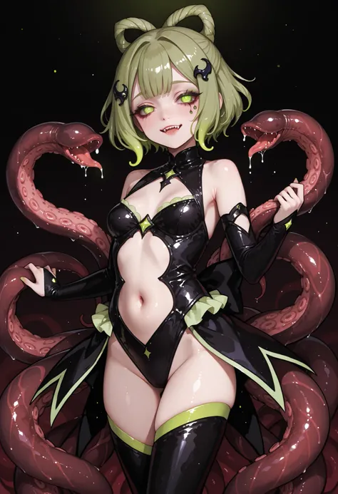 Tentacle girl. Dark style magical girl costume. Yellow-green hair. Short hair. Eye-shaped hair accessory. Droopy eyes. Eye tattoo on navel. Black costume. Leech-shaped tentacles. Tentacles with fangs. Bloodsucker. Glowing sphere on tip of the tentacle. 