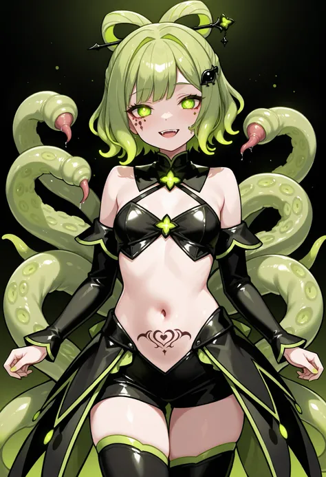 Tentacle girl. Dark style magical girl costume. Yellow-green hair. Short hair. Eye-shaped hair accessory. Droopy eyes. Eye tattoo on navel. Black costume. Leech-shaped tentacles. Tentacles with fangs. Bloodsucker. Glowing sphere on tip of the tentacle.