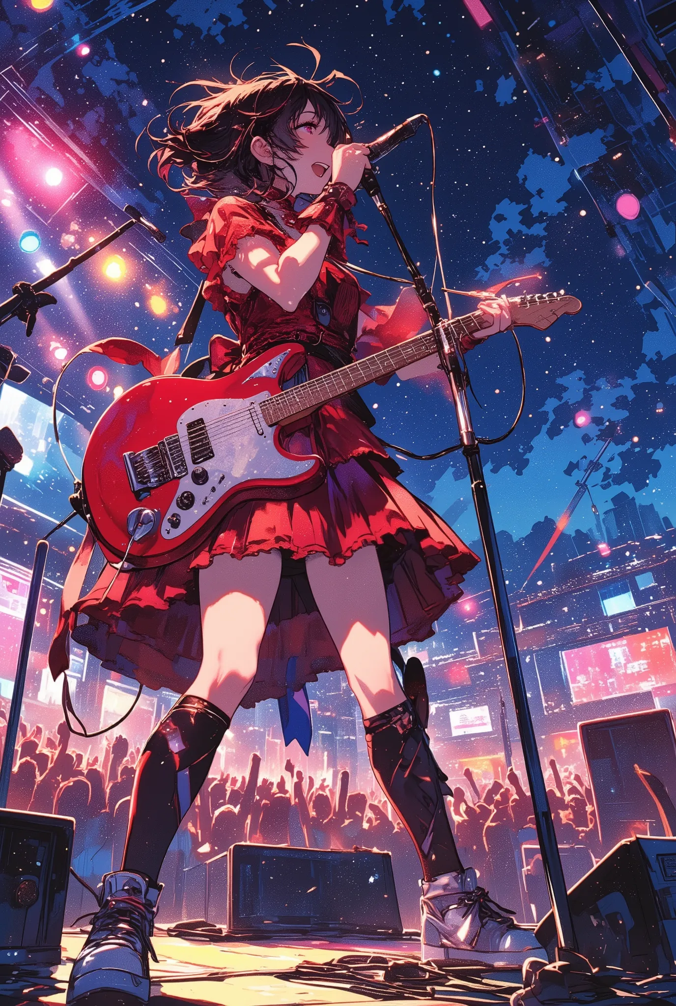 a lively female rock singer at a nighttime outdoor festival stage, singing passionately while holding a red SG-style electric guitar,
she has short tousled black hair with striking red highlights, fluttering slightly in the breeze,
she wears a vivid re...