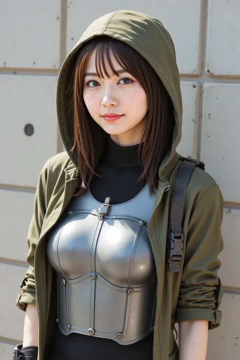 firm breast, Big breasts, cleavage, by adjusting the framing so the subject's full head is visible within the composition, a highly detailed and realistic digital illustration of a female character in a stylized military-inspired fantasy outfit, A realisti...