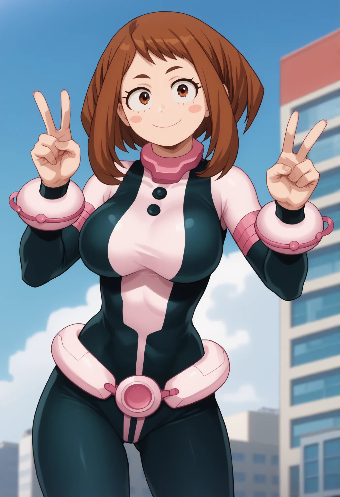official style,anime screencap, uraraka ochako, 1girl, brown hair, brown eyes, solo, superhero, hero bodysuit, pink belt, pink wrist guards, closed mouth, contrapposto, extra large breasts, (F75), peace sign smile, blush stickers,looking at viewer, sensual...