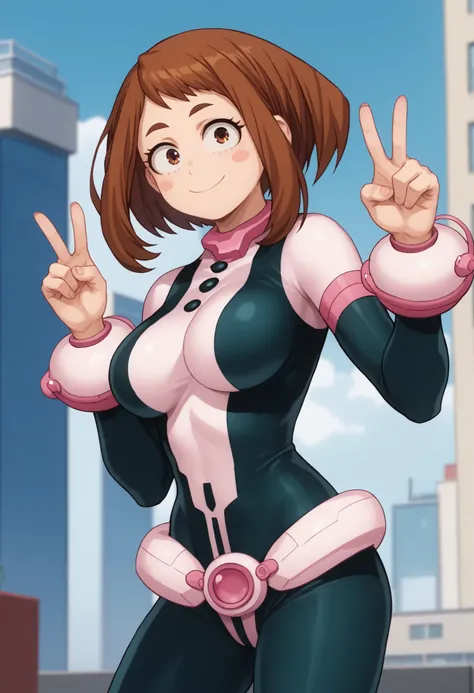 official style,anime screencap, uraraka ochako, 1girl, brown hair, brown eyes, solo, superhero, hero bodysuit, pink belt, pink wrist guards, closed mouth, contrapposto, extra large breasts, (F75), peace sign smile, blush stickers,looking at viewer, sensual...