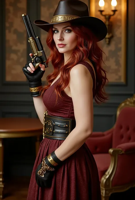  brunette woman, cowgirl steampunk, foragido, In the lounge , victorian dress, cowboy hat, gordinho, Shooting at someone