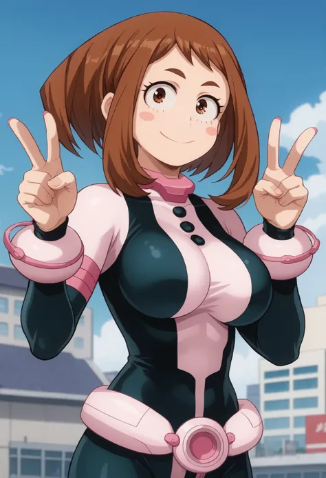 official style,anime screencap, uraraka ochako, 1girl, brown hair, brown eyes, solo, superhero, hero bodysuit, pink belt, pink wrist guards, closed mouth, contrapposto, extra large breasts, (F75), peace sign smile, blush stickers,looking at viewer, Sexy st...