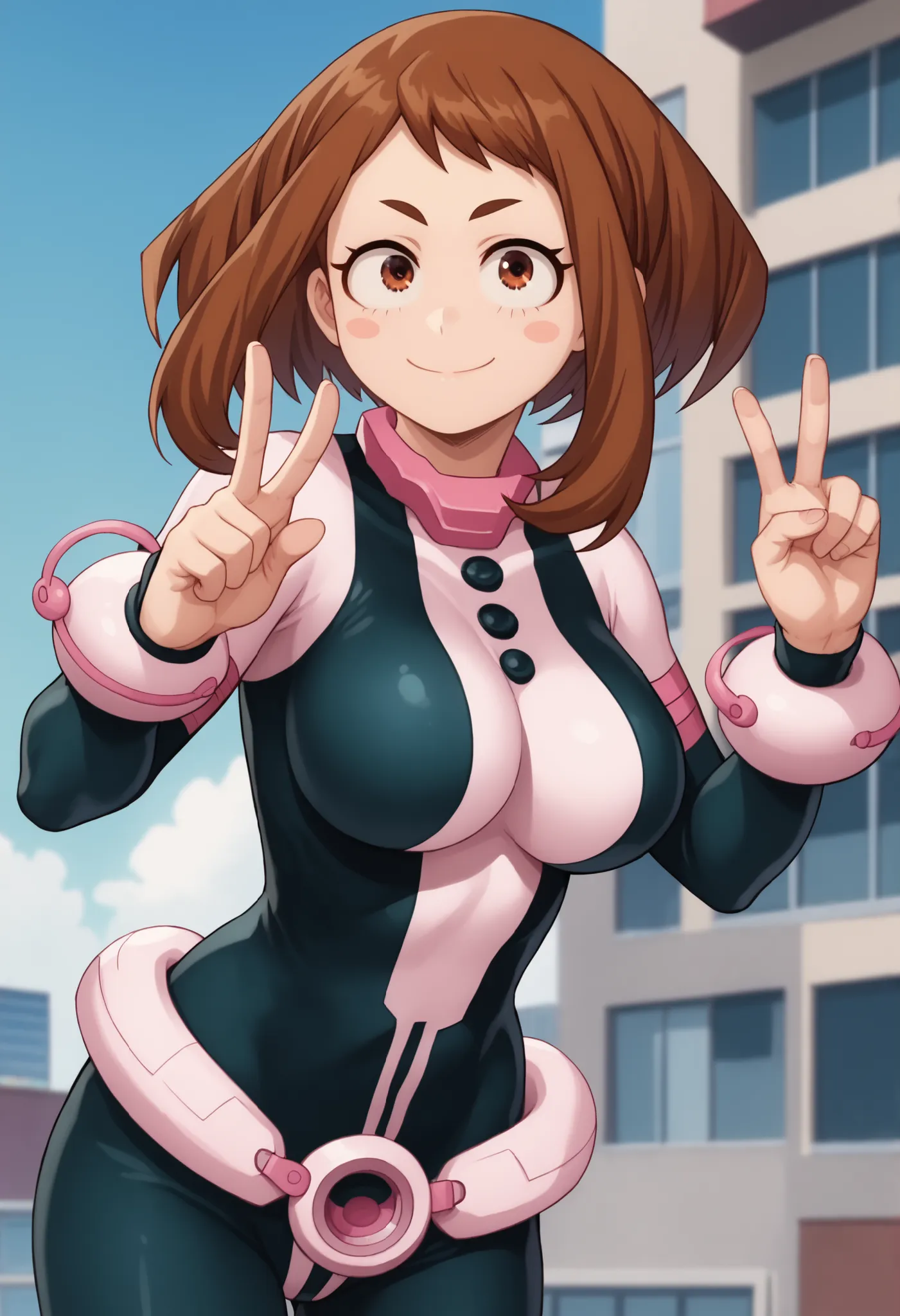 official style,anime screencap, uraraka ochako, 1girl, brown hair, brown eyes, solo, superhero, hero bodysuit, pink belt, pink wrist guards, closed mouth, contrapposto, extra large breasts, (F75), peace sign smile, blush stickers,looking at viewer, Sexy st...