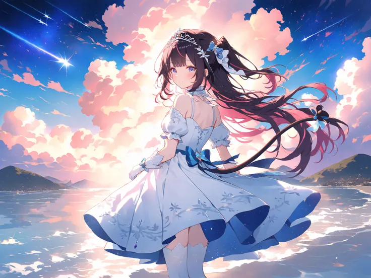 One Woman、anime、【【 shooting stArs、comet , A  、  tAil with A pAle bluish glow】】、sunset、hill、cloud、 beAutiful stArry sky 、 wind is blowing、Wide sky、AzkiDress, multicolored hair, long hair, side ponytail, tiara, hair bow, frilled choker, white dress, white ja...