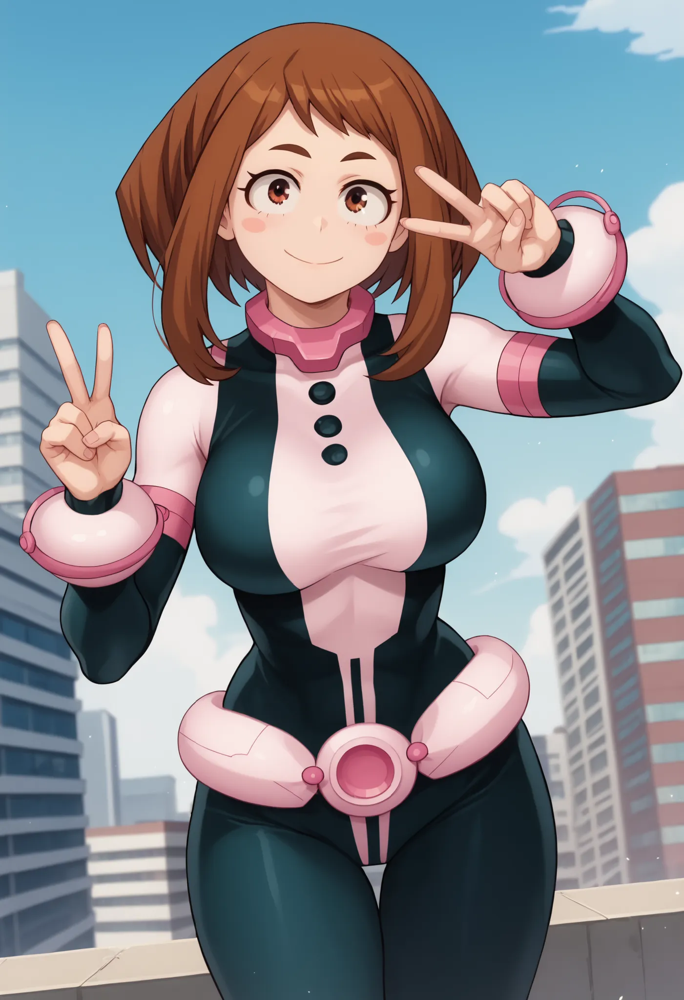 official style,anime screencap, uraraka ochako, 1girl, brown hair, brown eyes, solo, superhero, hero bodysuit, pink belt, pink wrist guards, closed mouth, contrapposto, extra large breasts, (F75), peace sign smile, blush stickers,looking at viewer, Sexy st...