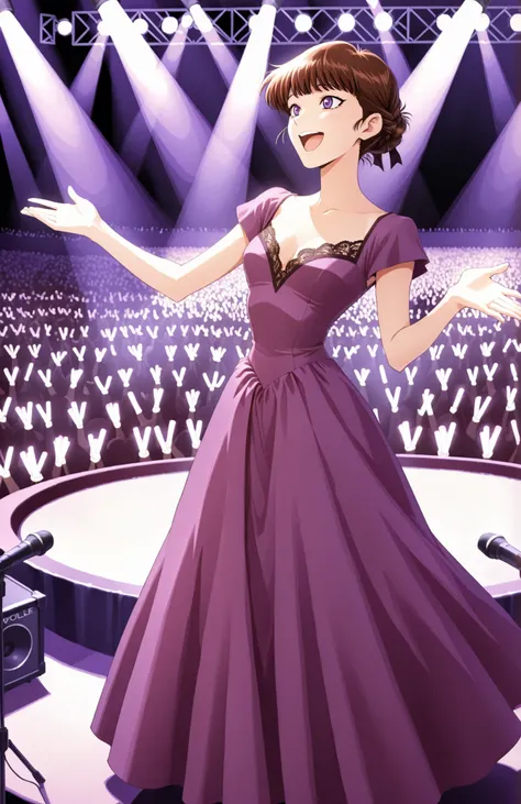 A slender woman with very short red-brown bangs cut at eyebrow level lace braid hair tied back, violet eyes, wearing a purple gown, happy, singing, performing on a large music stage for a huge crowd, spotlights and glowsticks, in full view in a highly deta...