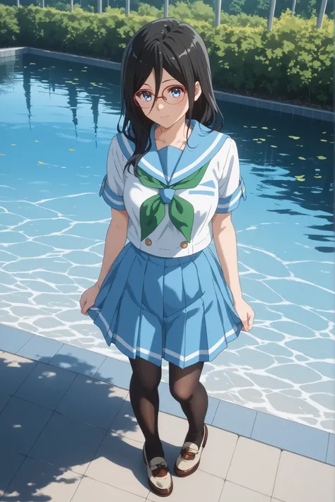 ((inspired by Asuka Tanaka:1.2)),(inspired by Kyoto Animation Style),(masterpiece, best quality),beautiful, beautiful-woman, ((detailed face)).(full body:1.3).,
((black hair)), glasses, blue eyes, long hair, over-rim eye-wear,cowboy shot, semi-rimless e...