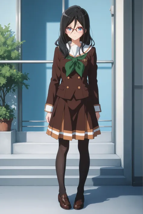 ((inspired by Asuka Tanaka:1.2)),(inspired by Kyoto Animation Style),(masterpiece, best quality),beautiful, beautiful-woman, ((detailed face)).(full body:1.3).,
((black hair)), glasses, blue eyes, long hair, over-rim eye-wear,cowboy shot, semi-rimless e...