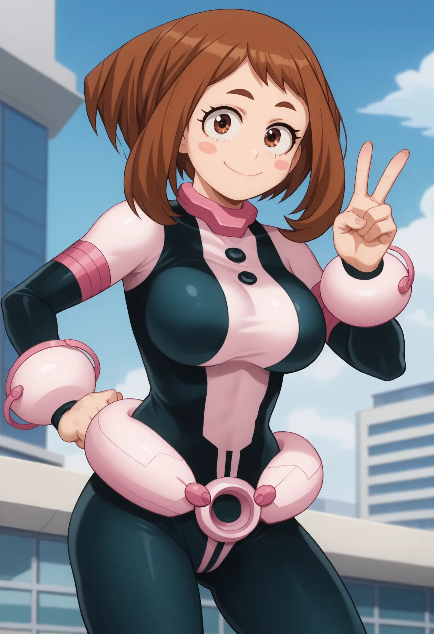 official style,anime screencap, uraraka ochako, 1girl, brown hair, brown eyes, solo, superhero, hero bodysuit, pink belt, pink wrist guards, closed mouth, contrapposto, extra large breasts, (F75), peace sign smile, blush stickers,looking at viewer, Suit ex...