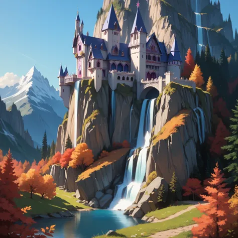 close-up of a lone beautiful castle, landscape of nature, forest, detailed mountains, (cold autumn evening:1), twilight, lake foreground, crystal clear water, 8k, 16k, lone waterfall, highly Detailed, clear sky, fogless, masterpiece, Panorama, wide shot, c...