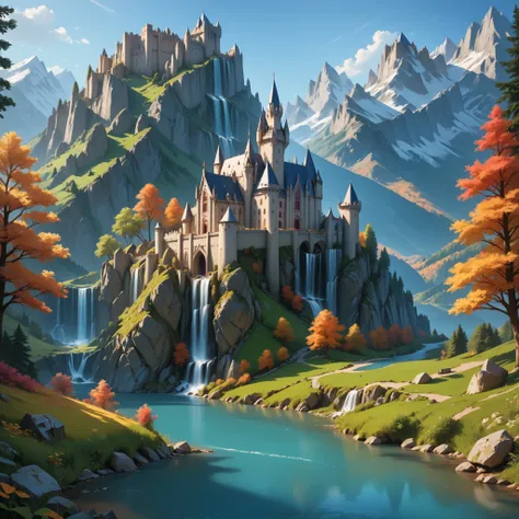 close-up of a lone beautiful castle, landscape of nature, forest, detailed mountains, (cold autumn evening:1), twilight, lake foreground, crystal clear water, 8k, 16k, lone waterfall, highly Detailed, clear sky, fogless, masterpiece, Panorama, wide shot, c...