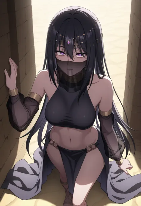 masterpiece, best quality:1.2), amazing quality, very aesthetic, 32k, soft lighting, absurdres, extremely beautiful, newest, scenery, extra details, (sharp detailed:1.2),1girl, solo,long hair, black hair, purple eyes, hair between eyes veil, mouth veil, ci...