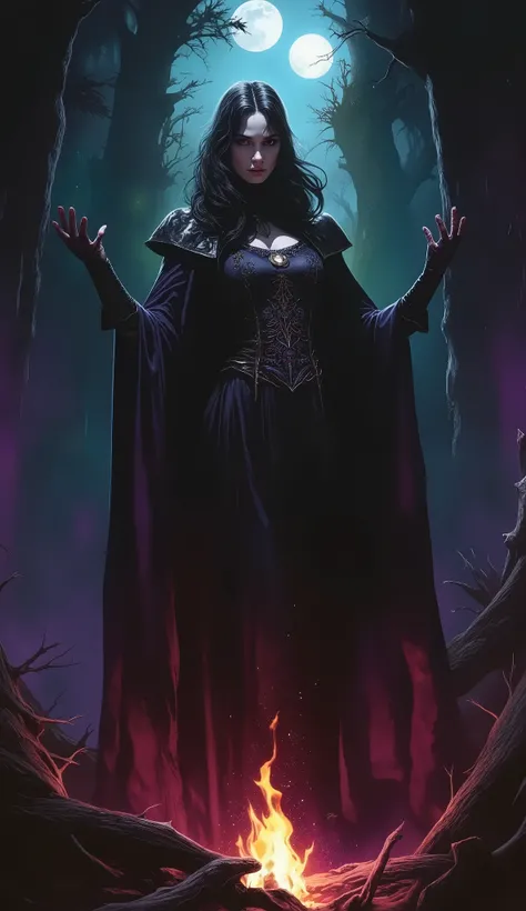 A dark fantasy theme of a female Dark Witch woman in medieval dress, on forest dark spell, in dynamic pose, twin moon in sky, bonfire. Glowing purple green and pink background lighting.