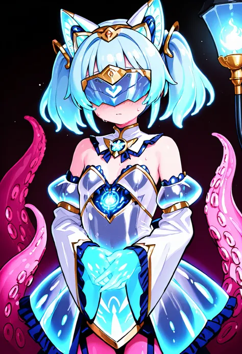 Tentacle girl. Light blue hair. Short hair. Twin tails. Mechanical cat ears on a glowing lamp. Visor covering the eyes. Light blue magical girl costume. Living costume. Transparent costume. Fusion with tentacles. Sleeves hiding hands. Multiple tentacles fr...