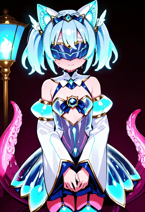Tentacle girl. Light blue hair. Short hair. Twin tails. Mechanical cat ears on a glowing lamp. Visor covering the eyes. Light blue magical girl costume. Living costume. Transparent costume. Fusion with tentacles. Sleeves hiding hands. Multiple tentacles fr...