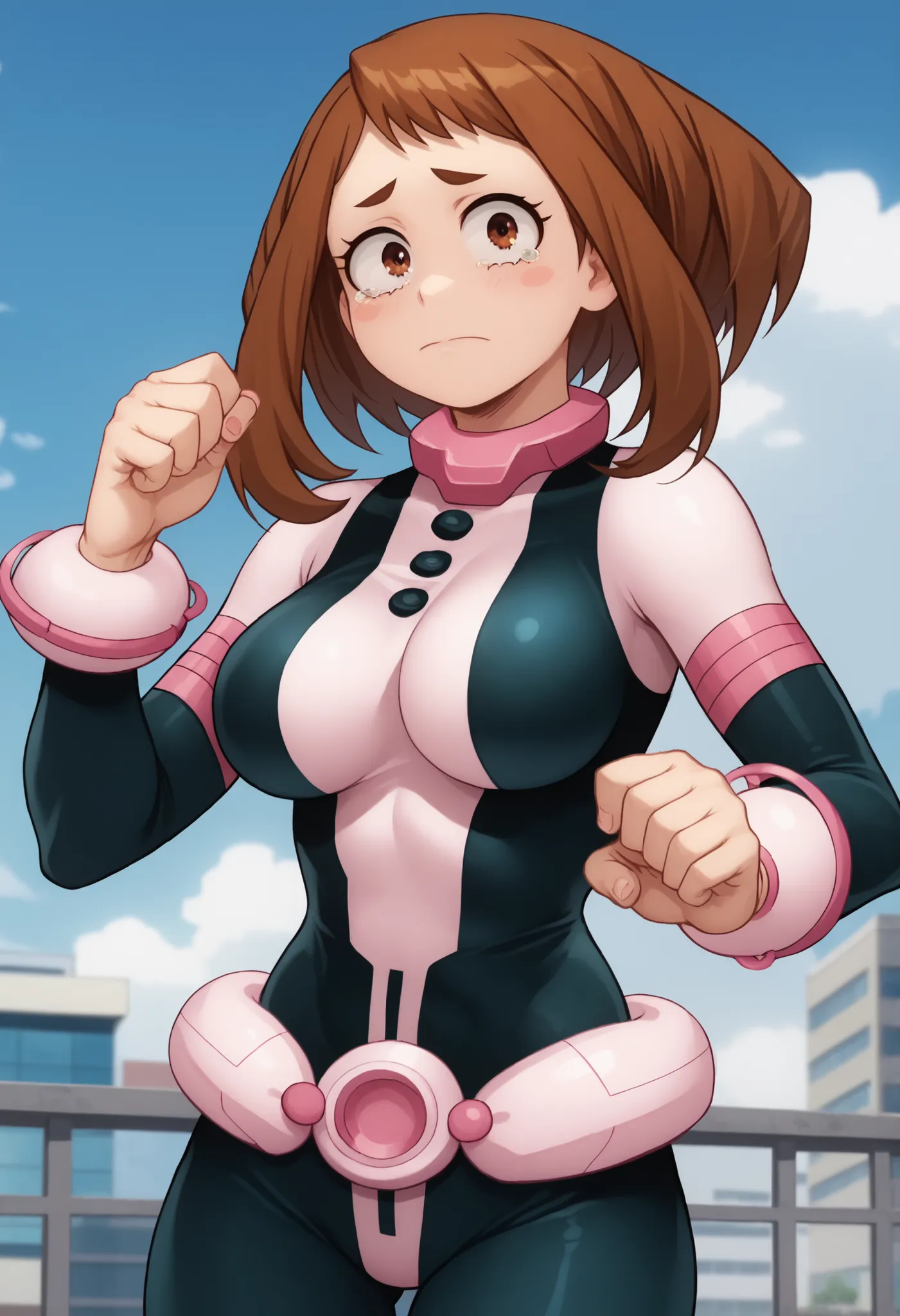 official style,anime screencap, uraraka ochako, 1girl, brown hair, brown eyes, solo, superhero, hero bodysuit, pink belt, pink wrist guards, closed mouth, contrapposto, extra large breasts, (F75), looking at viewer, Sexy style, Sexy pose, seductive look, S...