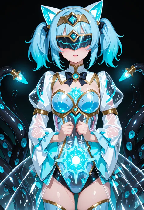 Tentacle girl. Light blue hair. Short hair. Twin tails. Mechanical cat ears on a glowing lamp. Visor covering the eyes. Light blue magical girl costume. Living costume. Transparent costume. Fusion with tentacles. Sleeves hiding hands. Multiple tentacles fr...