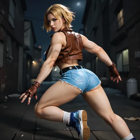 score_9, LuciaSFV, 1girl, short hair, blonde, big breasts, voluptuous and toned body, blue denim sports bra, brown vest, brown fingerless gloves, denim shorts, black belt, socks, blue sneakers, back, sexy pose, dynamic pose, cool pose, foreshortening, dyna...