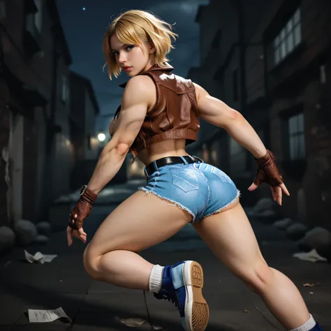 score_9, LuciaSFV, 1girl, short hair, blonde, big breasts, voluptuous and toned body, blue denim sports bra, brown vest, brown fingerless gloves, denim shorts, black belt, socks, blue sneakers, back, sexy pose, dynamic pose, cool pose, foreshortening, dyna...
