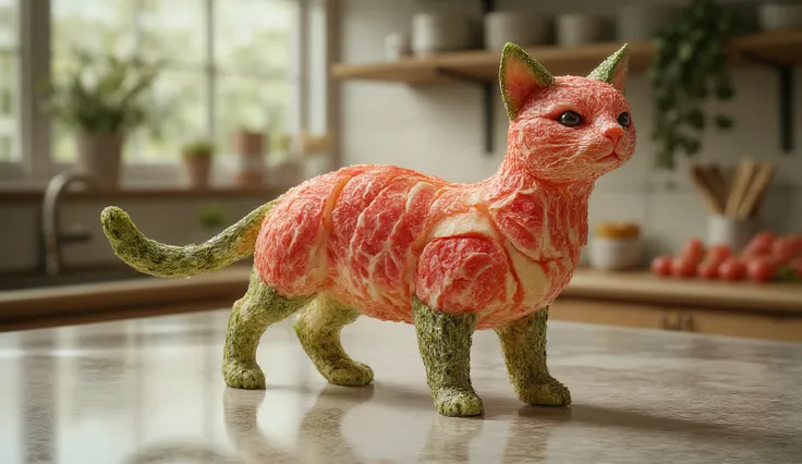 Fruitmix_flx, Photorealistic cat sculpture made with vibrant watermelon slices, com o corpo, legs and the tail formed by thin, curved pieces of red watermelon pulp and green peel. The cat seems to walk gracefully, with watermelon pulp detailed and scattere...