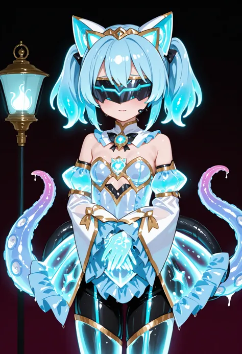 Tentacle girl. Light blue hair. Short hair. Twin tails. Mechanical cat ears on a glowing lamp. Visor covering the eyes. Light blue magical girl costume. Living costume. Transparent costume. Fusion with tentacles. Sleeves hiding hands. Multiple tentacles fr...