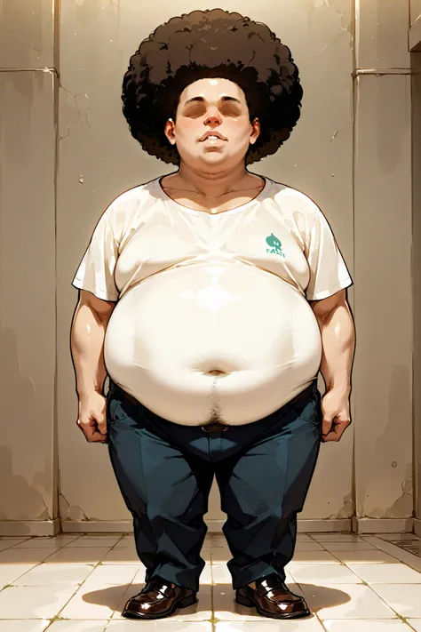 (Very short, very ugly, fat, afro-haired, faceless male character), (standing portrait), (solo),