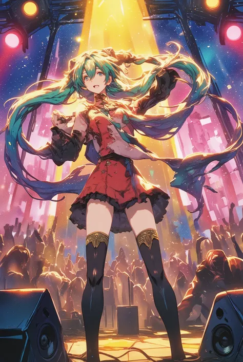 ( 傑作、 最高品質、 最高品質、公式アート、 美しく美しい :1.2) 初音ミク、薄緑のツインテール, 美しい胸, 夜の野外フェスティバルステージにいる活気のある女性ロックシンガー, 赤いSGスタイルのエレキギターを持ちながら情熱的に歌う,
彼女は目を引く赤いハイライトの入った髪をしている, そよ風になびいている,
彼女は鮮やかな赤のタインスパイアされたアイドル衣装にフリルのある袖を着ている, 重ね着のスカート, レースのアクセント, そして大胆なリボン,
ピンクの明るいステージライト,...