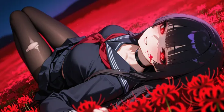 masterpiece, best quality, amazing quality, very aesthetic, newest, ultra detailed, absurdres, 4k, HDR, vivid colors, thick eyelashes, black hair, long hair, hime haircut, red eyes, glowing eyes, black eyeshadow, medium breasts, black seifuku, black pantyh...