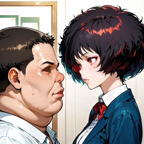 One man and one woman, (a very short, very ugly, fat, faceless male character with an afro), (a female teacher with red eyes), (standing portrait),