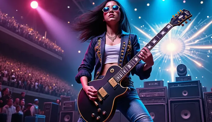 ((( "Guitarist and singer , singing into the microphone " with big black hair , performing with his matte black guitar on stage , luzes ,light show many people watching the Guitarist and Band concert in a surprising ambient concert performance with sound ...