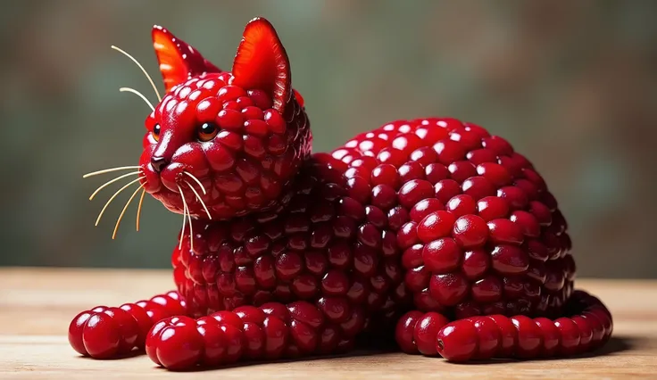 Fruitmix_flx, Realistic cat sculpture made entirely of cherries ,showing the irregular texture and rich cherry color. The cat's head is also made of cherries ,creating a perfect organic texture. Set in a neutral setting, with soft lighting 
