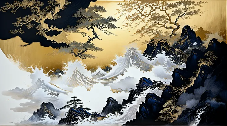 A painting of a mountain with a golden sky and clouds, Intricate ink painting detail, Kano Tan'yu, Inspired by Sōami, inspired by Jakuchu Ito, Gold foil embellishment, Gold Leaf Painting, Inspired by Kaii Higashiyama, Intricate ink painting , popula...