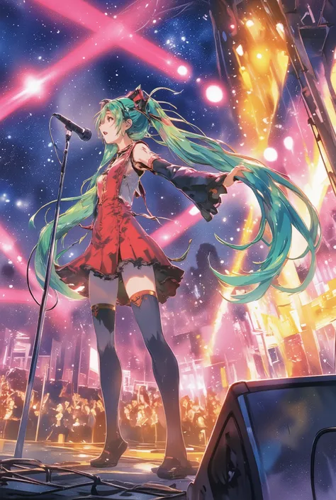 ( 傑作、 最高品質、 最高品質、公式アート、 美しく美しい :1.2) 初音ミク、薄緑のツインテール, 美しい胸, 夜の野外フェスティバルステージにいる活気のある女性ロックシンガー, 赤いSGスタイルのエレキギターを持ちながら情熱的に歌う,
彼女は目を引く赤いハイライトの入った髪をしている, そよ風になびいている,
彼女は鮮やかな赤のタインスパイアされたアイドル衣装にフリルのある袖を着ている, 重ね着のスカート, レースのアクセント, そして大胆なリボン,
ピンクの明るいステージライト,...
