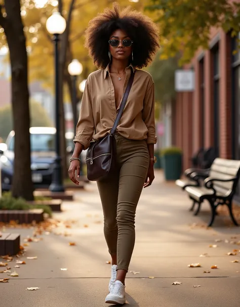  Generate an ultra-realistic, cinematic image of a young woman with voluminous natural afro hair walking confidently along a tree-lined sidewalk. The composition should be a medium shot, capturing her from the waist up, focusing on her confident facial exp...