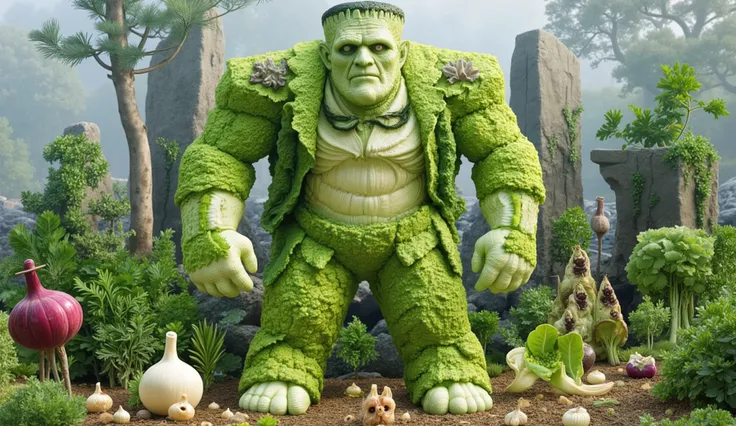 Frankstein sculpture made from vegetables, Use leaves for skin, and vegetables such as onion, olive and beetroot for details. 
