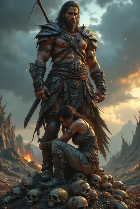 A sword and sorcery style standing male barbarian with a kneeling woman clinging to his leg. They are standing on a pile of skulls on a battlefield, hyper realistic, raw photography, volumetric lighting,