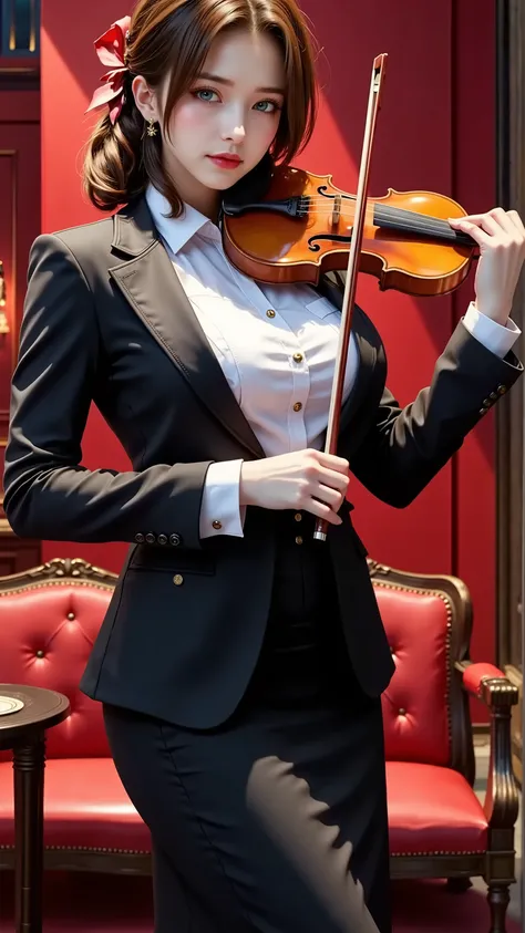 (Butler:1.3),(1girl,Butler serving a distinguished family,wearing butler’s uniform ,butler’s suit,butler’s pants,short hair ,curvy,curvy hip,white butler’s gloves,redbackground),(she is playing the violin)