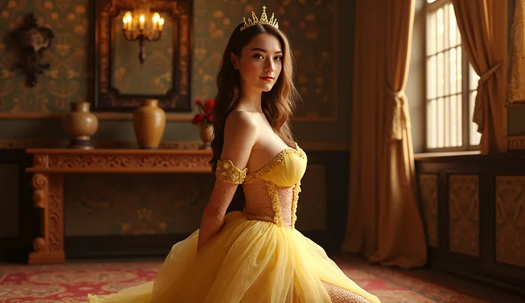 cinematic full room view(centered top to bottom side to side 1)(In a castle tower room opulently adorned befit royalty 1)(1girl solo 1) Break: (head to feet visible)Mackenzie Rich 18 years old(sweet innocent cutie-pie angelic-beauty young face 1)(English P...