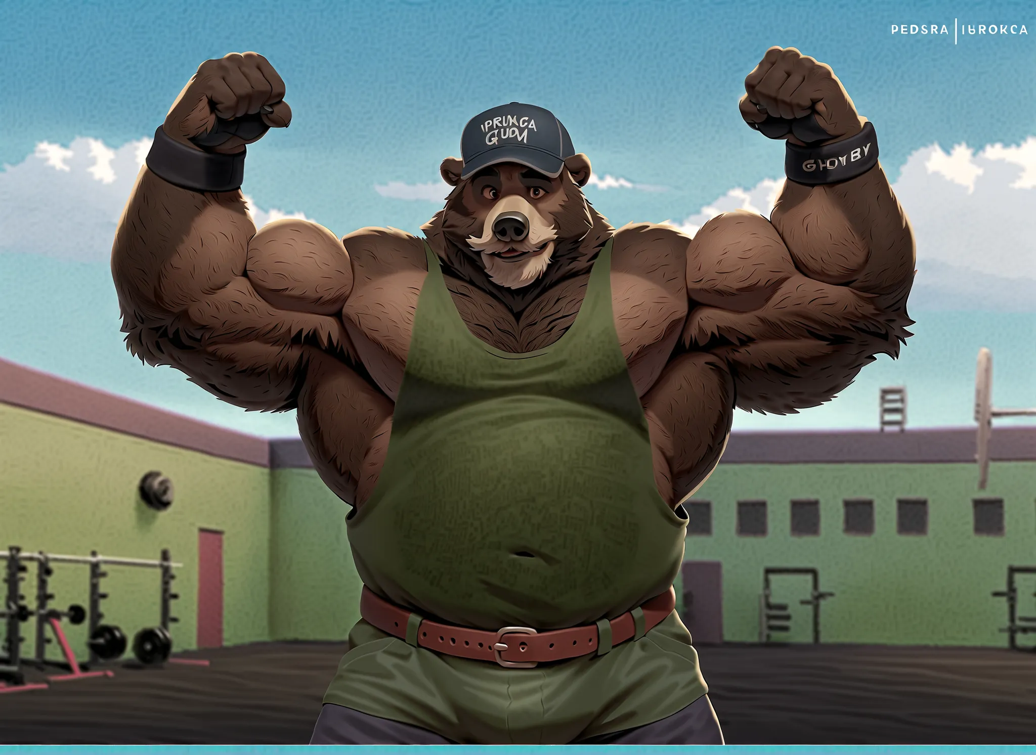 solo, 1boy, Huge Middle aged Muscular Old Grizzly Bear Daddy wearing ghat, pectoral, huge pectoral, wide pectoral, short pants black wristbands gloves and tank top, waist belt, bearded, Mustache, gym background, frontside, Disney, masterpiece, high detaile...