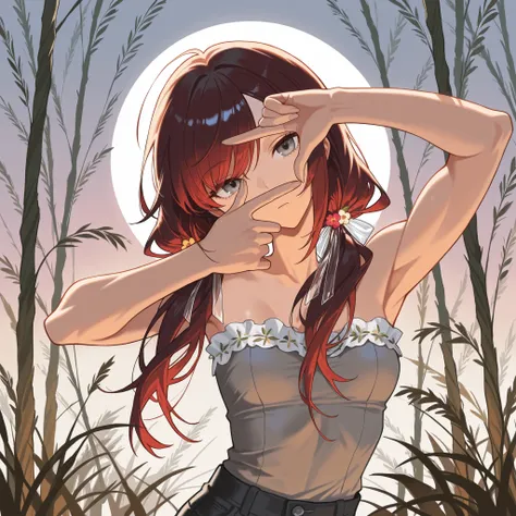 (masterpiece:1.2, Best Quality), (finely detailed beautiful eye: 1.2), (beautiful detailed face),close up, expressionless, fingerframe, finger frame, half open eyes, biceps, thin, head tilt, solo,,stoic, long hair in low twin tails, gray eyes, dark red hai...