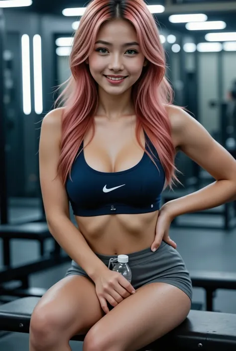 Young Japanese girl after workout, 22 years old, long messy pink hair, green eyes, flushed cheeks, slightly sweaty skin.
She is sitting on a gym bench, wearing a dark blue Nike sports bra and gray shorts, smiling softly with a water bottle in her hand.
Her...