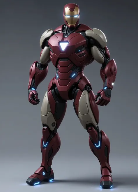 Create a highly detailed image of a prototype armor inspired by Ironman Mark VI, designed in a retro style. The armor should feature the following elements:
1. **Overall Design**: Full-body tall armor with a vintage aesthetic, emphasizing a rugged, indust...