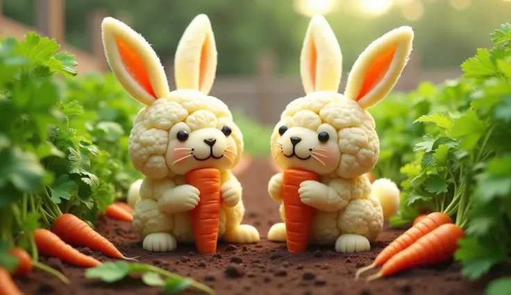 Cauliflower bunnies, Vegetable garden background with carrot harvest,  luz suave