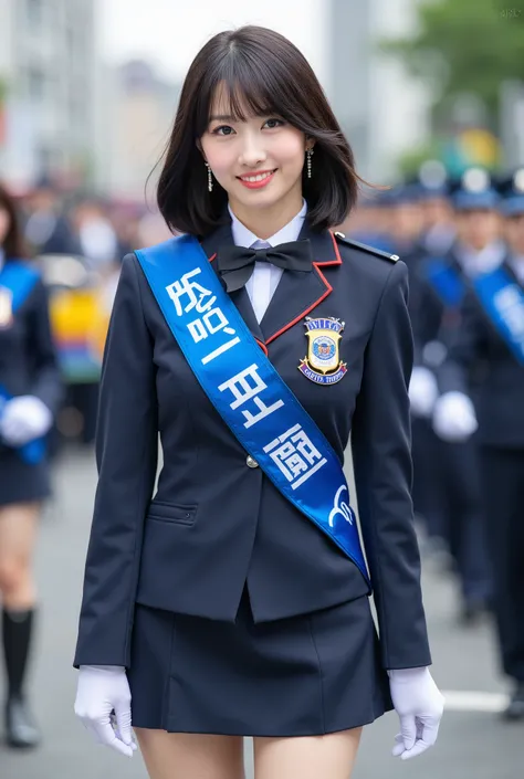 Create a portrait of a very beautiful Japanese female singer. She has a slender physique, medium-sized breasts, and thin legs. Her hair is medium-length. She is dressed in a Japanese police uniform, serving as a "One-Day Police Chief," with a sash that rea...