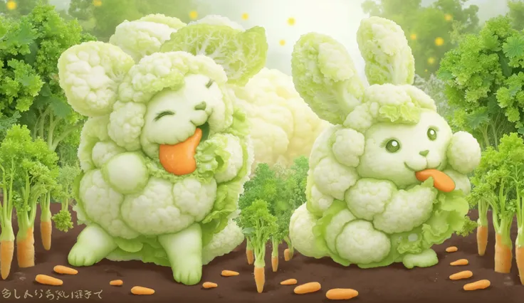Cauliflower bunnies, Vegetable garden background with carrot harvest,  luz suave